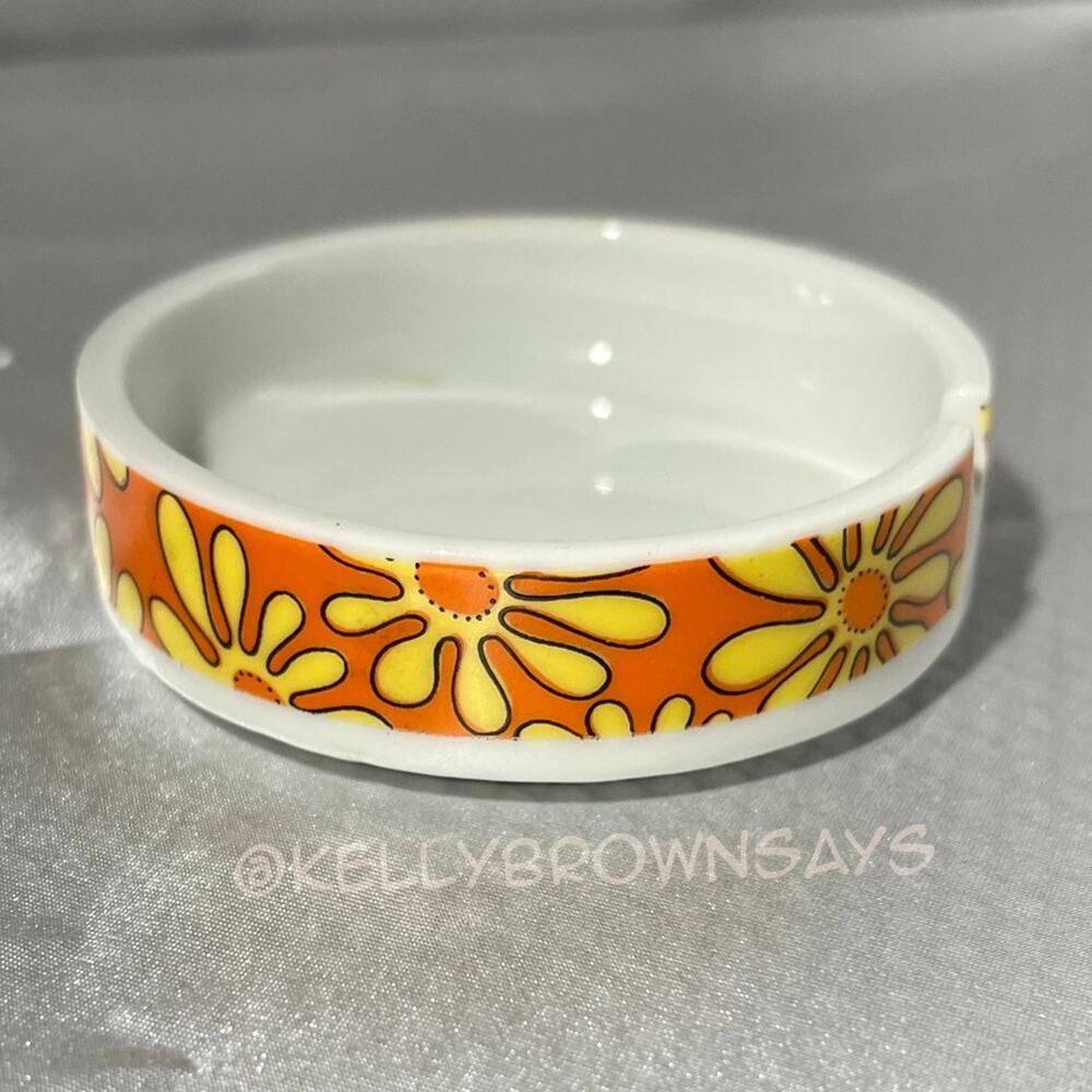 Vintage 1970s Orange & Yellow Floral Ceramic Ashtray / Trinket Dish